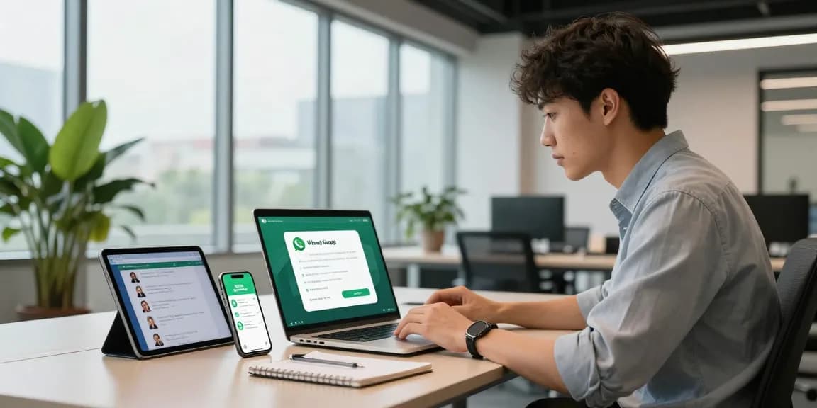Downloading WhatsApp on a laptop in a modern workspace for seamless messaging and communication.