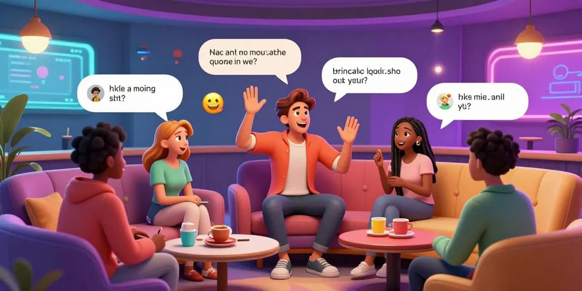 Engaging NSFW chat scene with animated characters interacting playfully in a colorful virtual lounge.