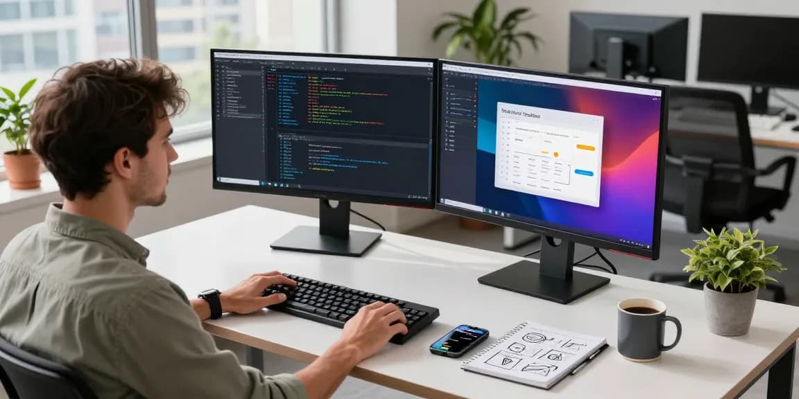 Dynamic tech workspace featuring a developer coding, showcasing ChatGPT alternatives with dual monitors, coffee, and a modern office environment.