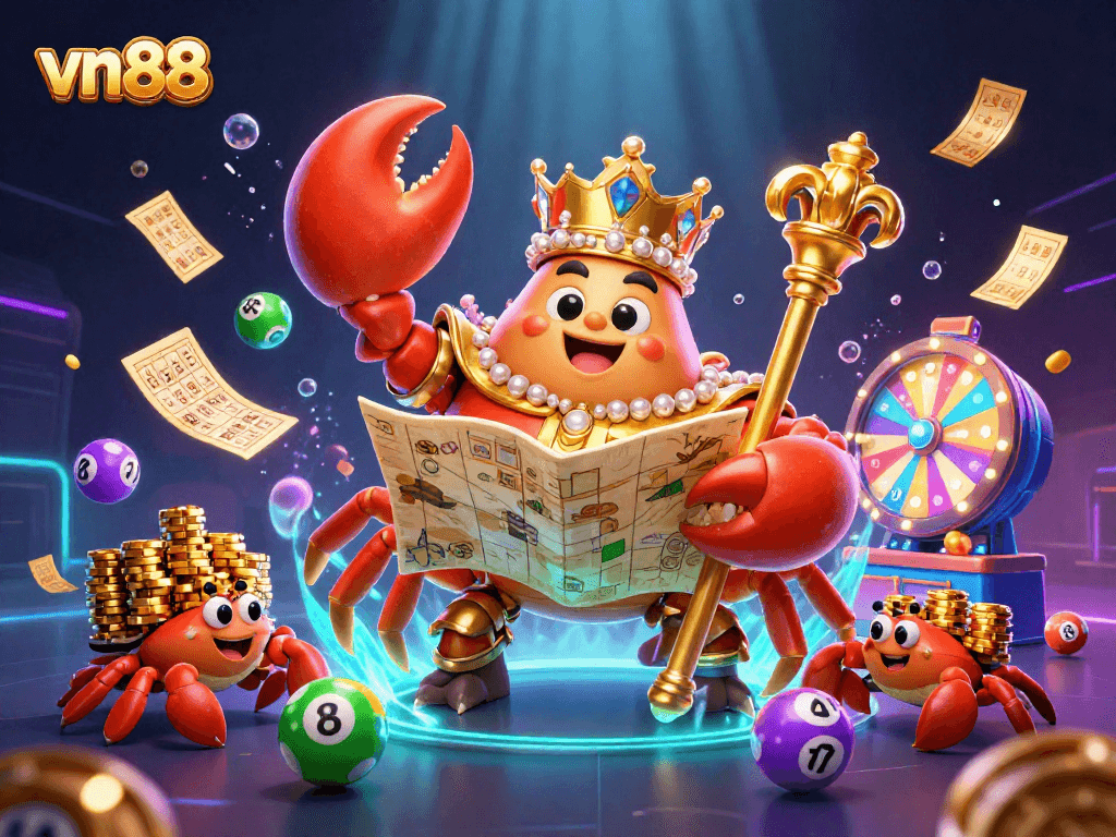Experience the thrill of vn88 as colorful lottery elements surround a majestic golden crab emperor in a lively casino scene.