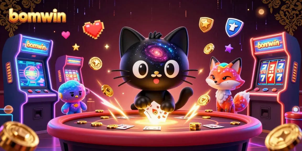 Engage in thrilling gameplay at bomwin casino with a cosmic cat and vibrant arcade elements.