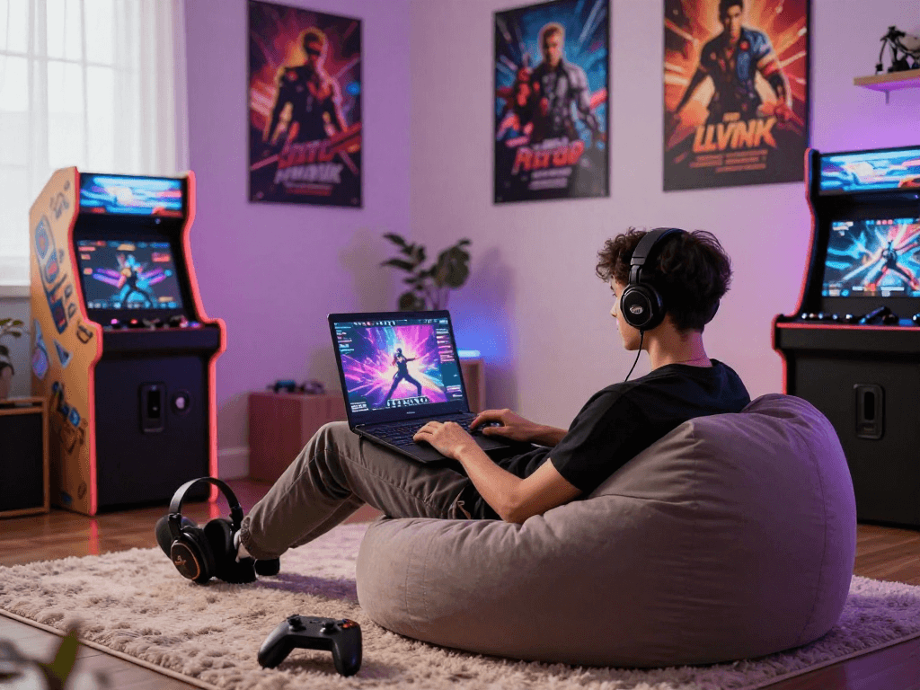 Gamer enjoying porngames on laptop in stylish room with LED lighting.