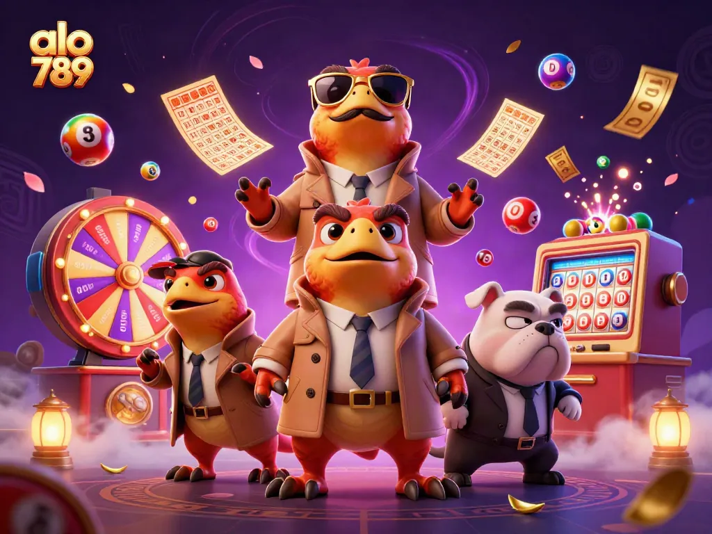 Discover the thrilling world of alo 789 as raptors sneak into a VIP casino lounge, surrounded by vibrant lottery elements.