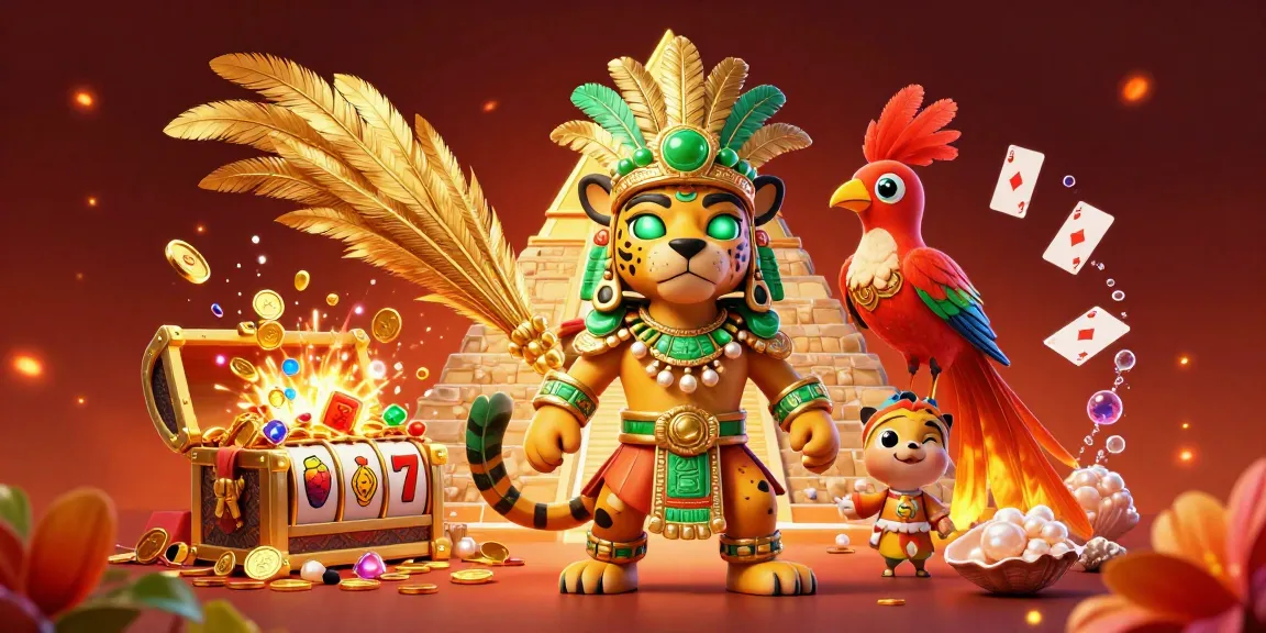 Experience slot resmi thrill with a vibrant scene featuring a Mayan priest amidst treasure-chests and slot reels.