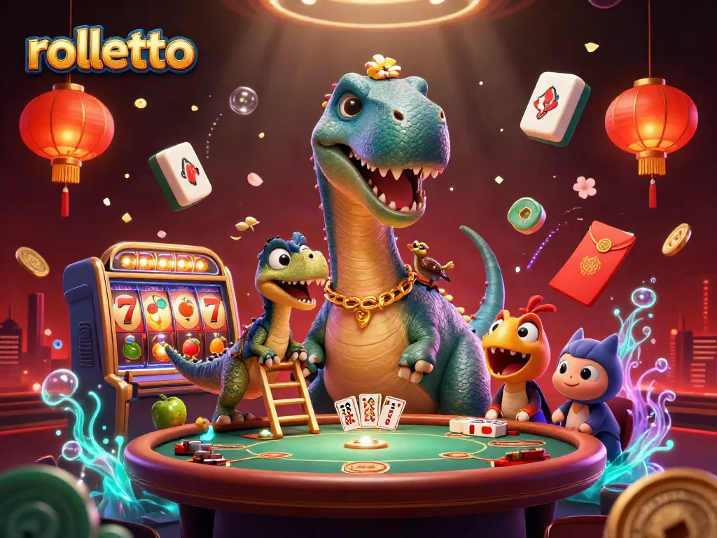 Rolletto casino featuring a whimsical scene with dinosaurs and slot elements bursting with energy.
