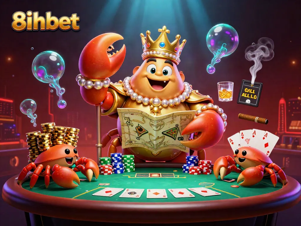 Engage with the golden crab emperor of 8xbet as he leads a captivating online casino adventure filled with poker action.