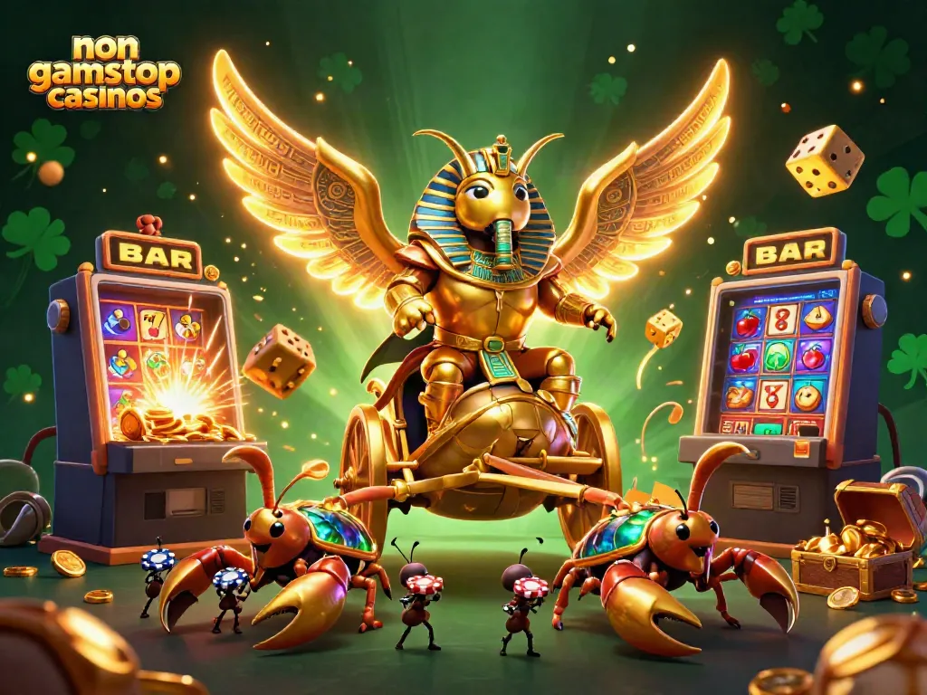 Experience the thrill of non gamstop casinos with a vibrant 3D casino illustration featuring a colossal golden scarab and dynamic gaming elements.