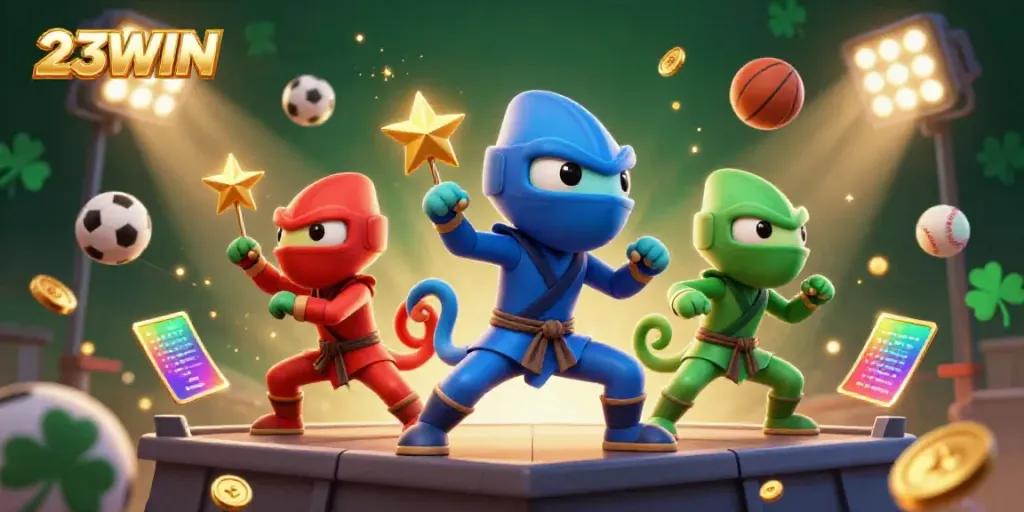 Experience the thrilling energy of 23WIN with ninja chameleons amidst dynamic casino elements.