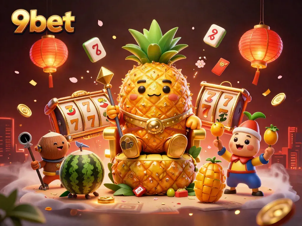 Experience thrilling adventures at 9bet with a dynamic casino scene featuring a golden pineapple king and vibrant game elements.