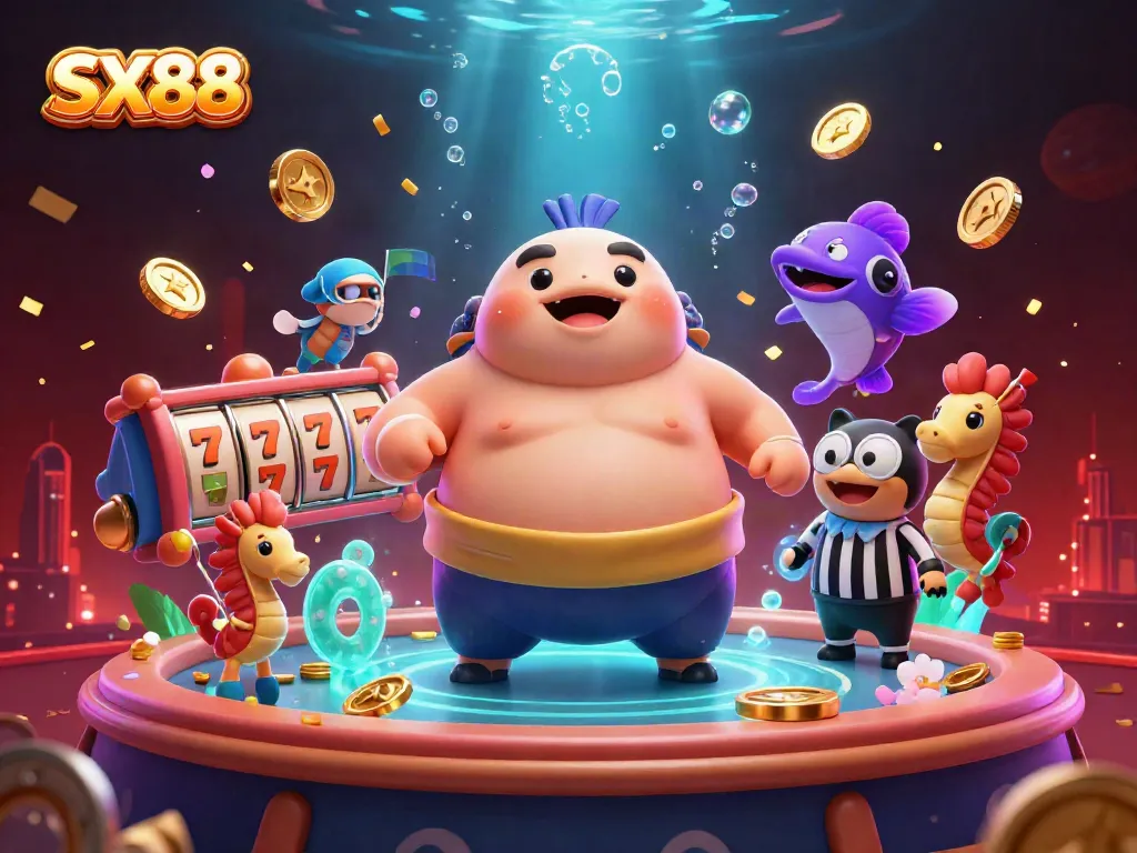 SX88 fugu character in a vibrant underwater casino scene surrounded by slot elements, showcasing lively gambling action.