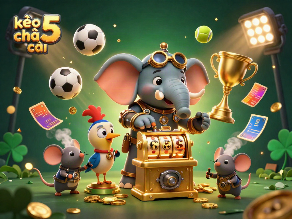 Spinning the lucky slots at kèo nhà cái 5 with a steampunk engineer and vibrant sports elements.