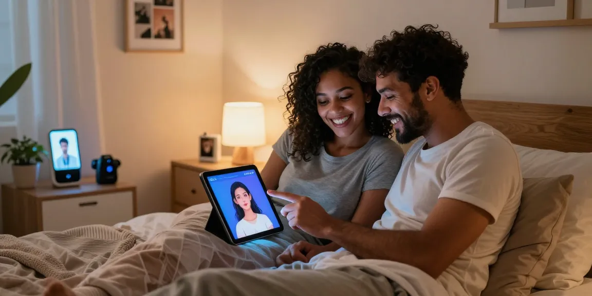 Couple exploring ai sex companionship in a modern bedroom.