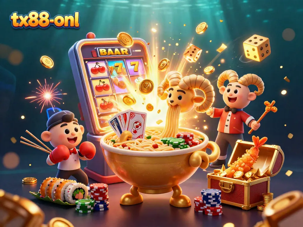 Win big at tx88-onl with a lively 3D casino scene filled with festive game elements.