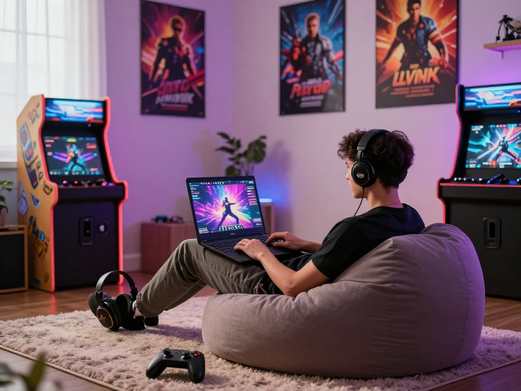 Gamer enjoying porngames on laptop in stylish room with LED lighting.