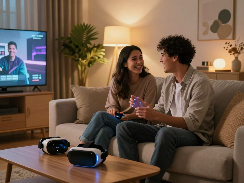 Couple exploring ai sex technology in a cozy futuristic living room.