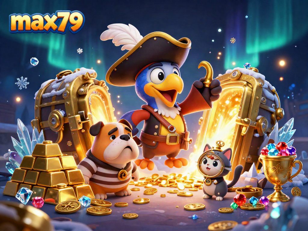 Experience max79’s thrilling casino adventure with a pirate captain, dog, and cat navigating riches!