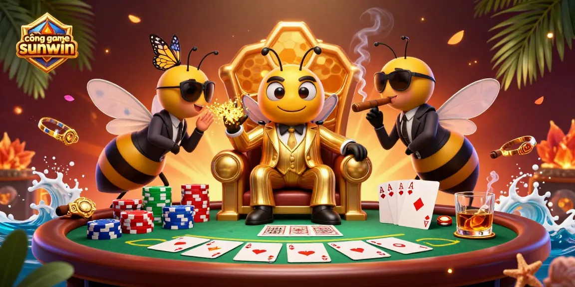 Cổng game sunwin showcases a vibrant casino scene with a bumblebee mob boss and poker elements in ultra-detailed 3D art.