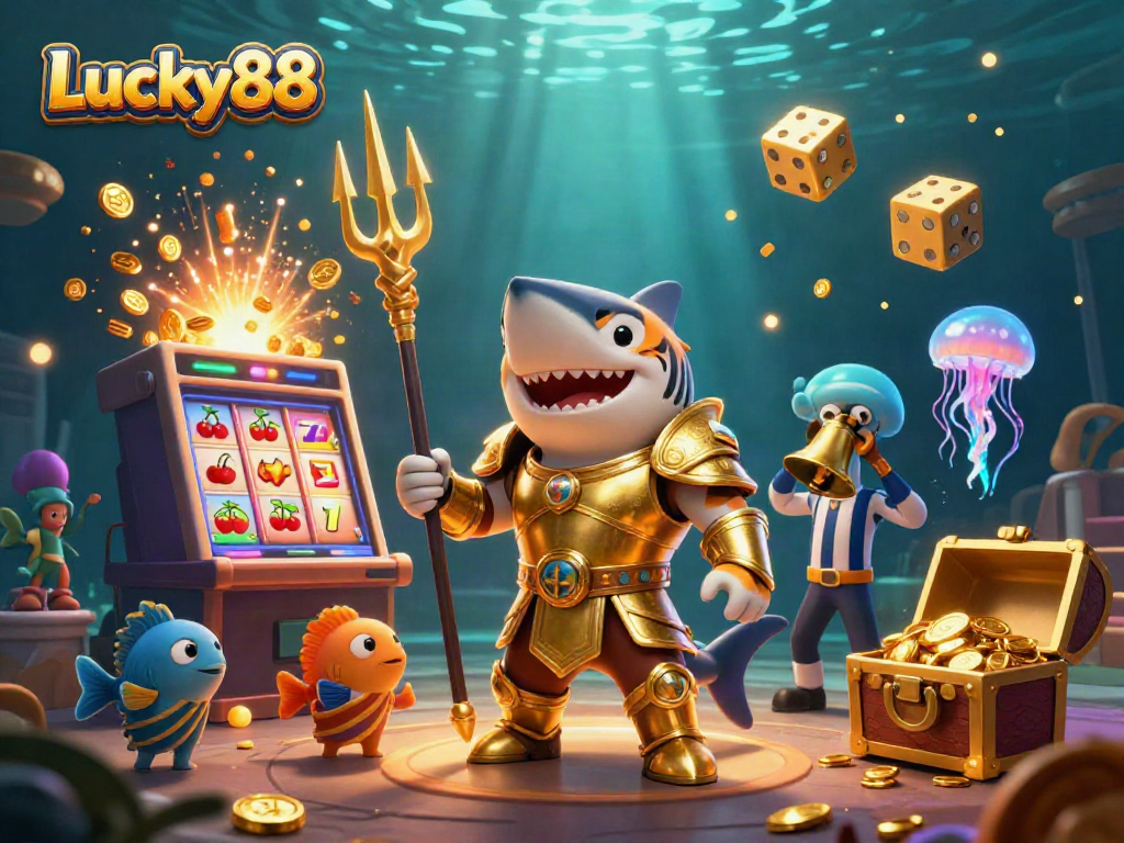 Join the excitement at Lucky88 with a vibrant underwater casino scene featuring a gladiator shark and dynamic game elements.