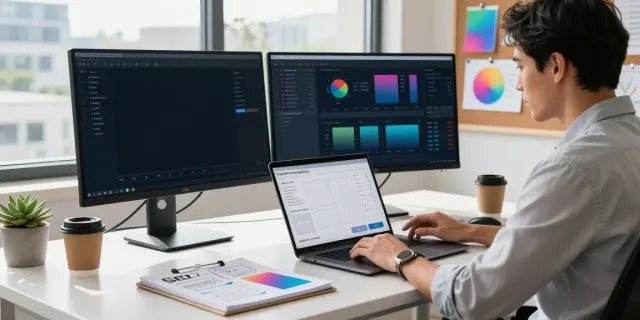 Digital marketing workspace demonstrating instant indexing strategies with analytics on screens.