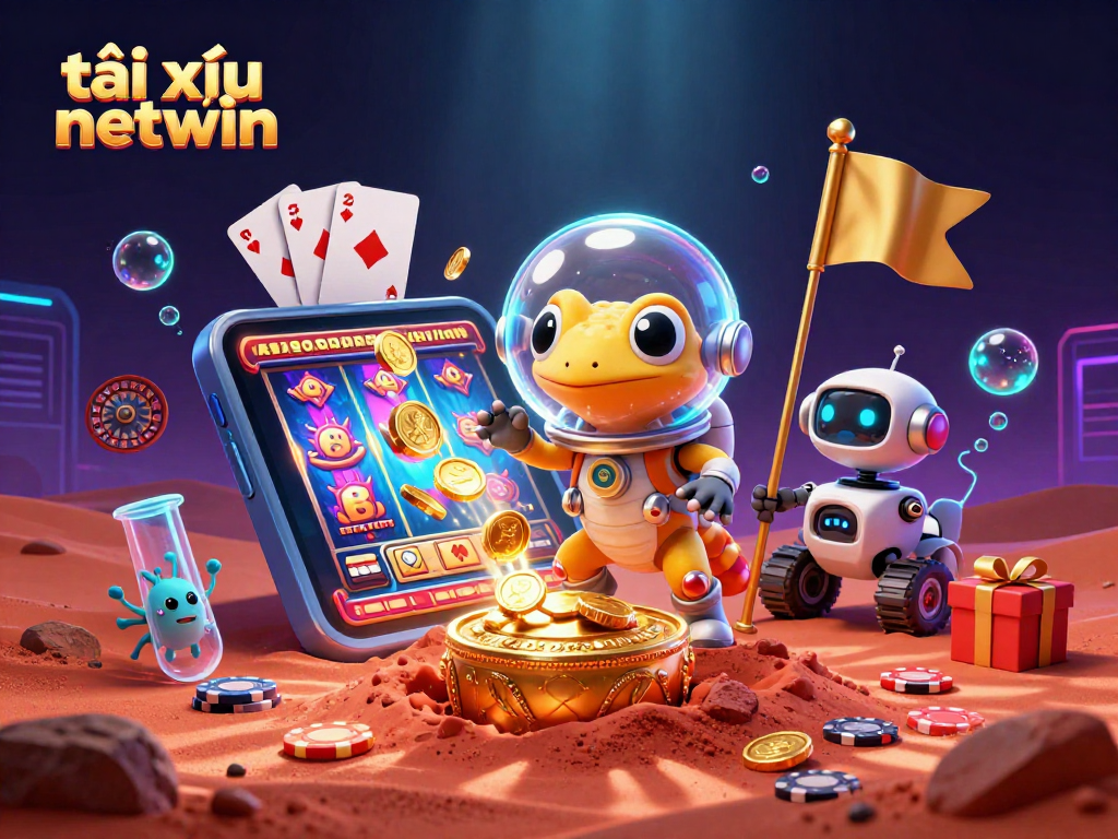 Experience the excitement of tài xỉu netwin with a 3D digital illustration of a Martian gecko at a golden casino.