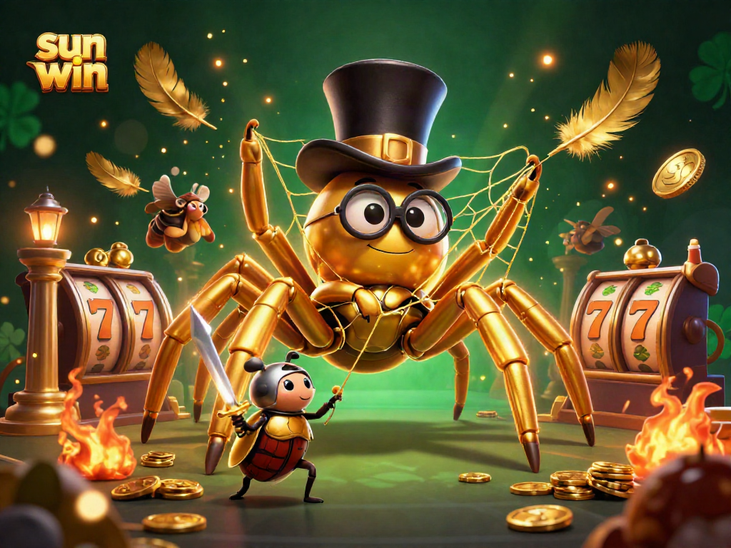 Join the thrilling world of sun win as a golden tarantula spins its jackpot web amidst vibrant casino elements.