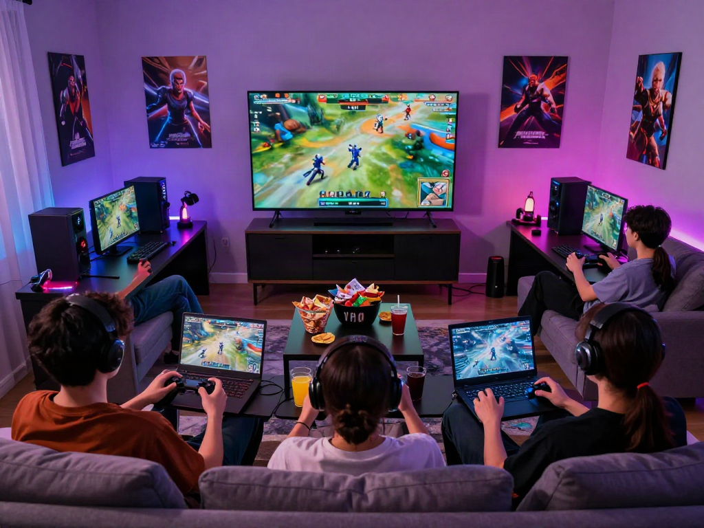 Exciting multiplayer xxx games scene with players engaged in a gaming battle.