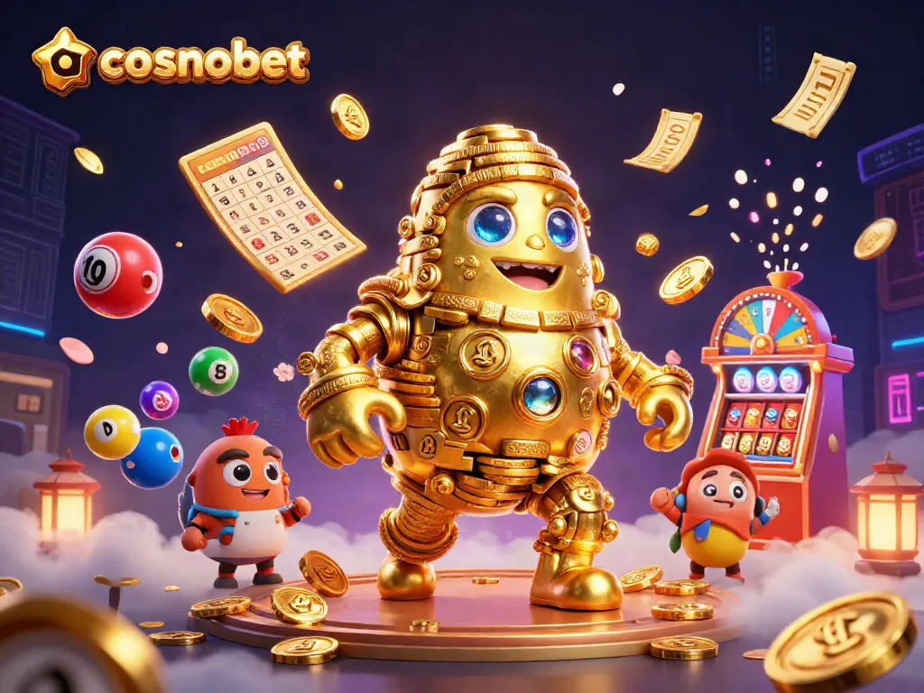 Play exciting games at cosmobet with colorful lottery balls and dynamic casino elements surrounding a golden golem.