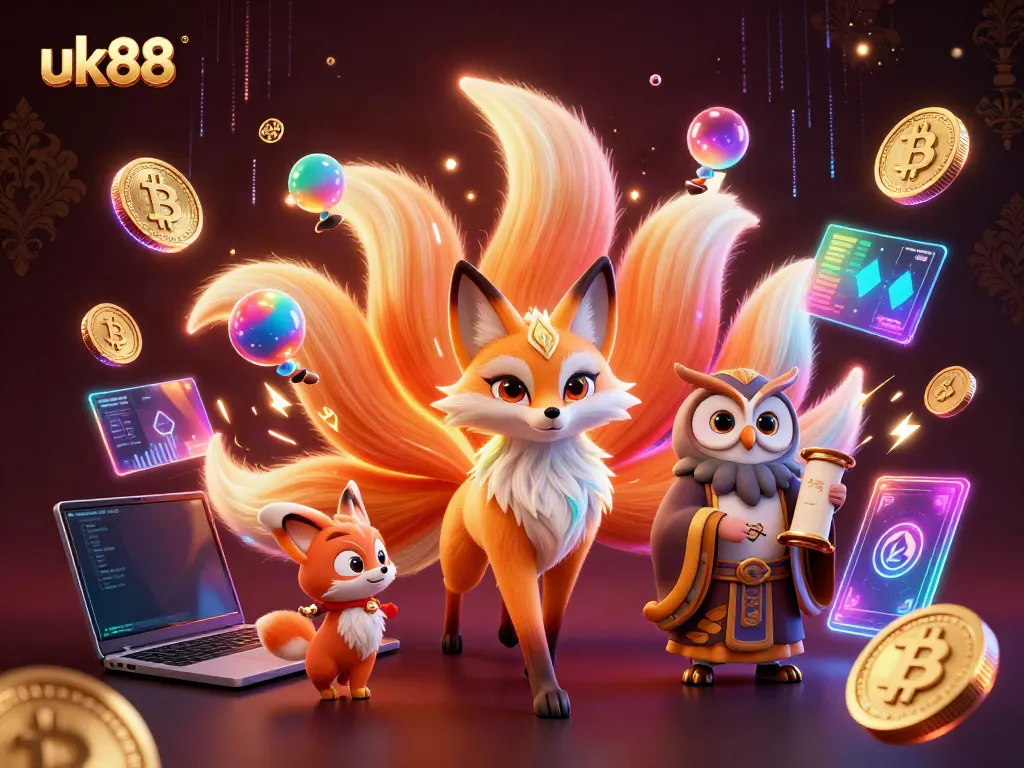 Engage with the vibrant world of uk88, featuring a mystical nine-tailed fox and a wise owl amidst glowing cryptocurrencies and casino elements.