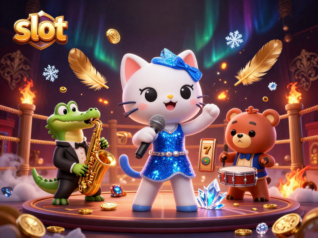 Jazz-singer cat in a slot-themed 3D casino scene, surrounded by animated characters and slot reels.
