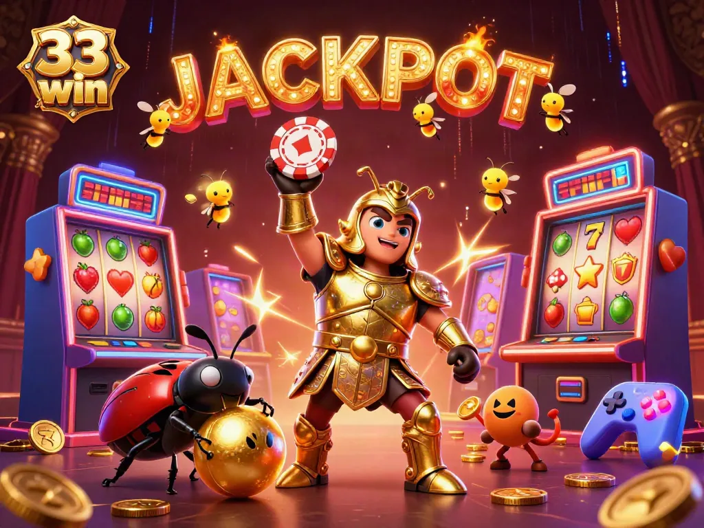 Engage with 33 win by lifting a poker chip as a beetle hero celebrates a jackpot in an exciting casino scene.
