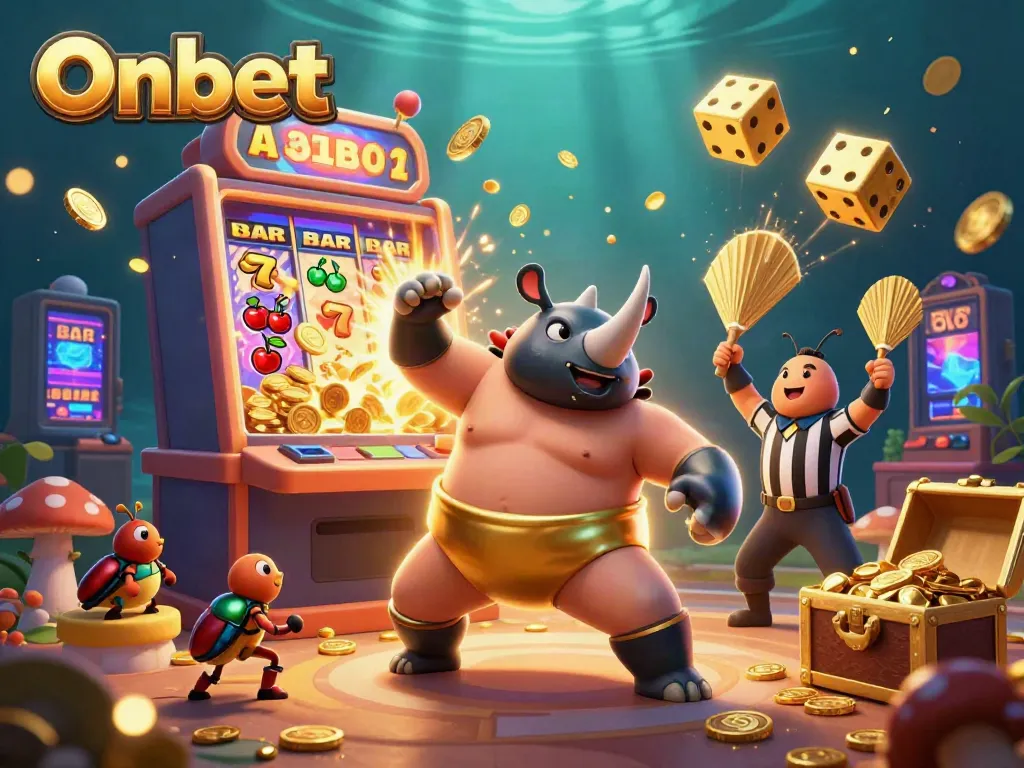 Experience the excitement of Onbet with a sumo beetle champion amid a jackpot explosion and casino elements.