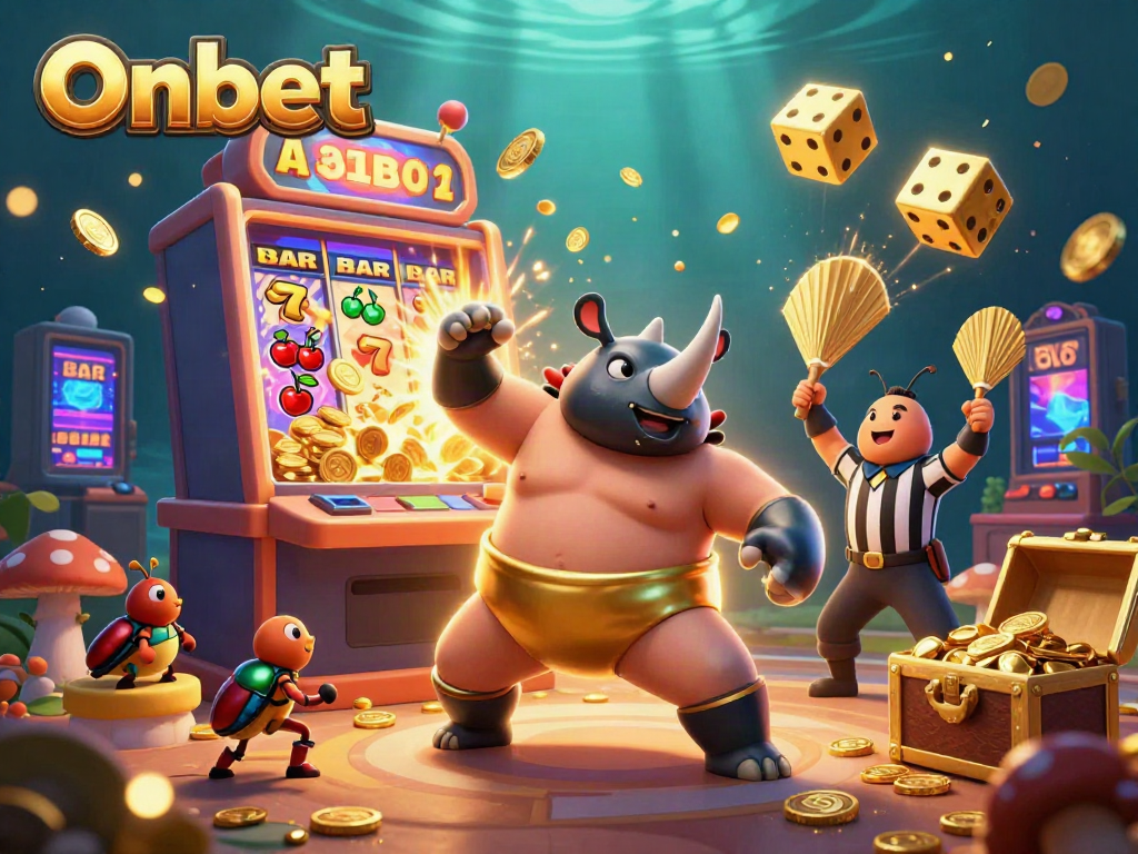 Experience the excitement of Onbet with a sumo beetle champion amid a jackpot explosion and casino elements.
