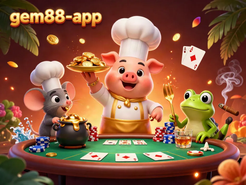 Experience the vibrant action at gem88-app with lively characters amid poker and casino elements.