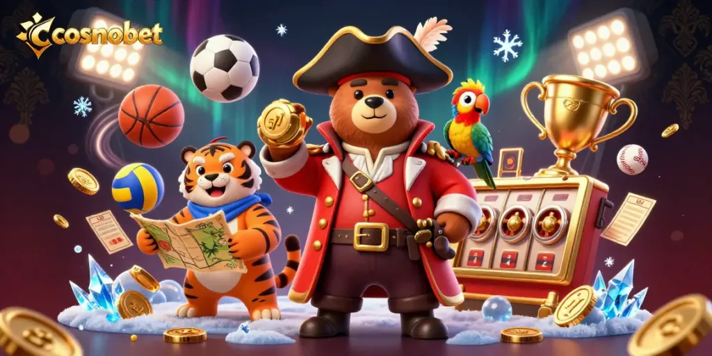 Experience thrilling gaming with cosmobet featuring a 3D illustration of characters amidst sports elements and slot reels.