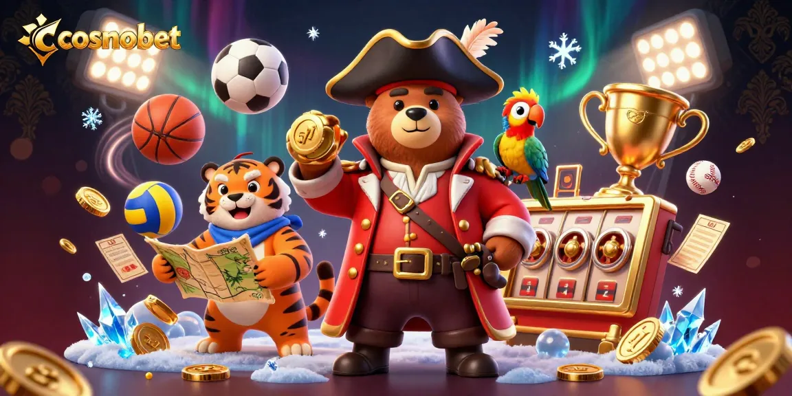 Experience thrilling gaming with cosmobet featuring a 3D illustration of characters amidst sports elements and slot reels.