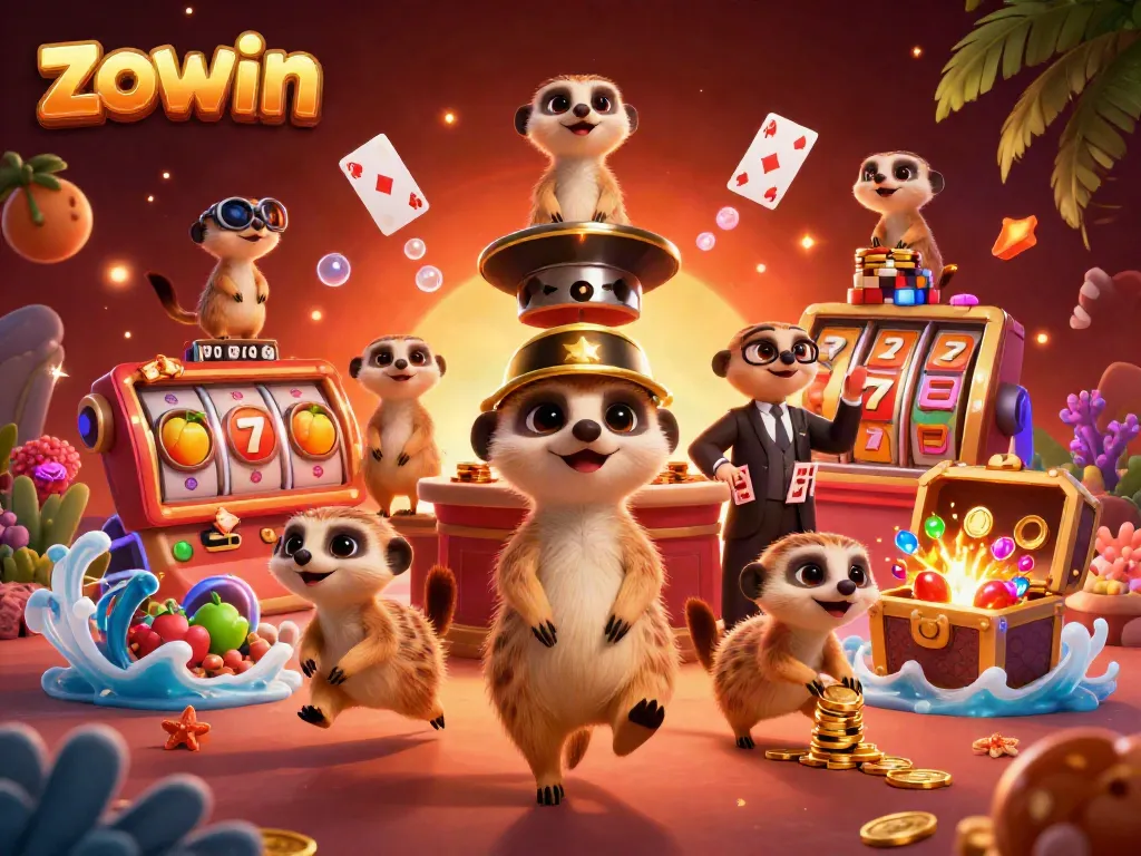 Zowin meerkats operating a dynamic casino, showcasing slot elements and vibrant gems.