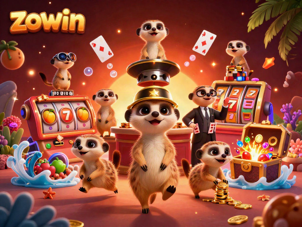 Zowin meerkats operating a dynamic casino, showcasing slot elements and vibrant gems.