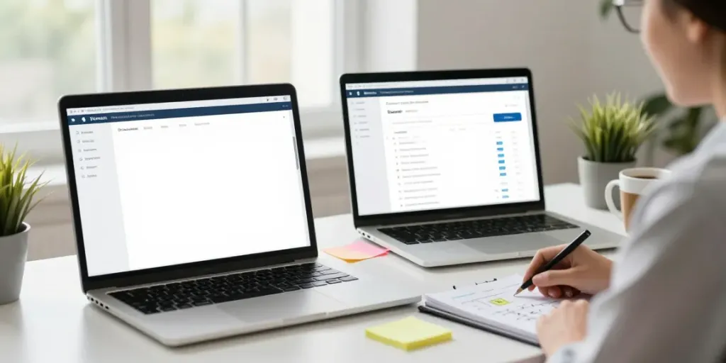 Domain registration UK workspace with dual monitors and domain search.