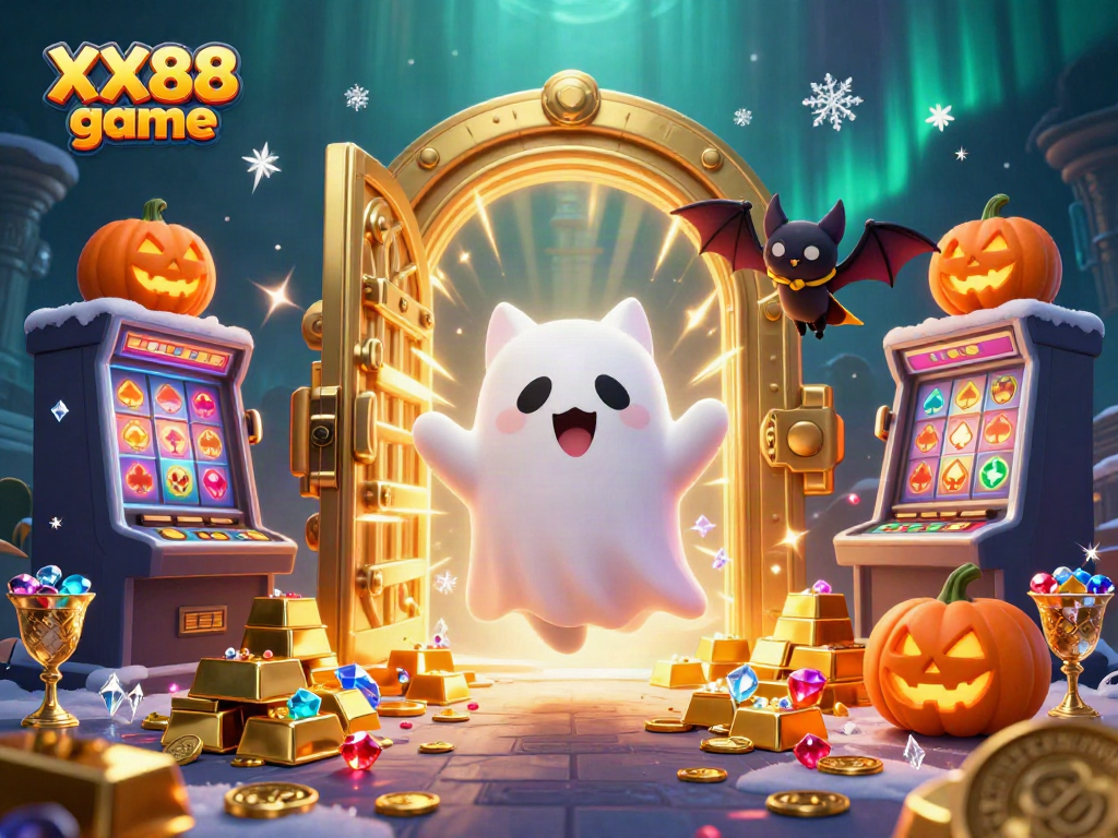 Engage in the thrilling XX88 game with a ghost cat and vampire bat amid treasure and casino elements.