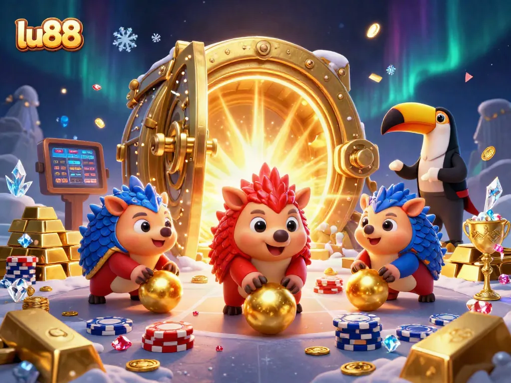 Experience thrilling gameplay at lu88 with a vibrant scene of rival pangolins bowling through poker chips.