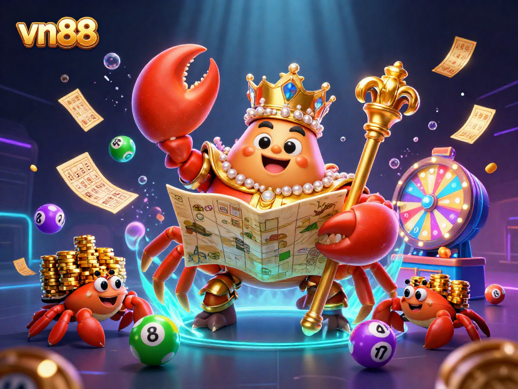 Experience the thrill of vn88 as colorful lottery elements surround a majestic golden crab emperor in a lively casino scene.