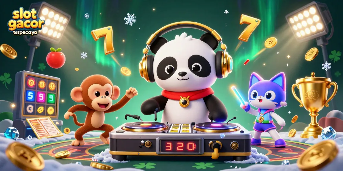 Experience the excitement of slot gacor terpercaya with a lively DJ panda and playful characters in a vibrant casino scene.