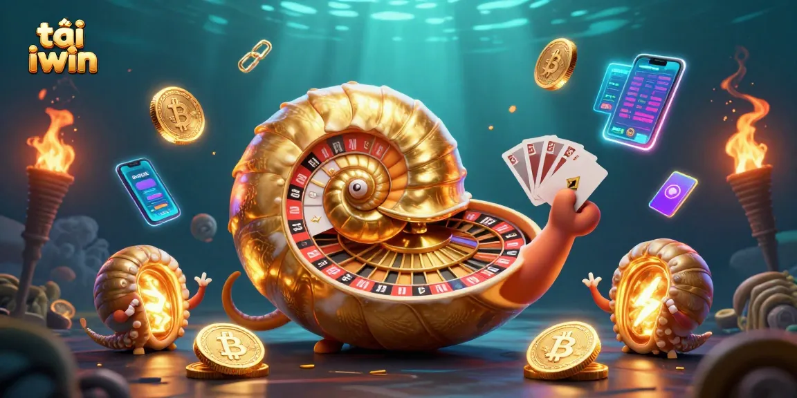 Engage with the thrilling tải iwin experience through a vibrant 3D casino scene featuring a giant nautilus roulette and glowing crypto elements.