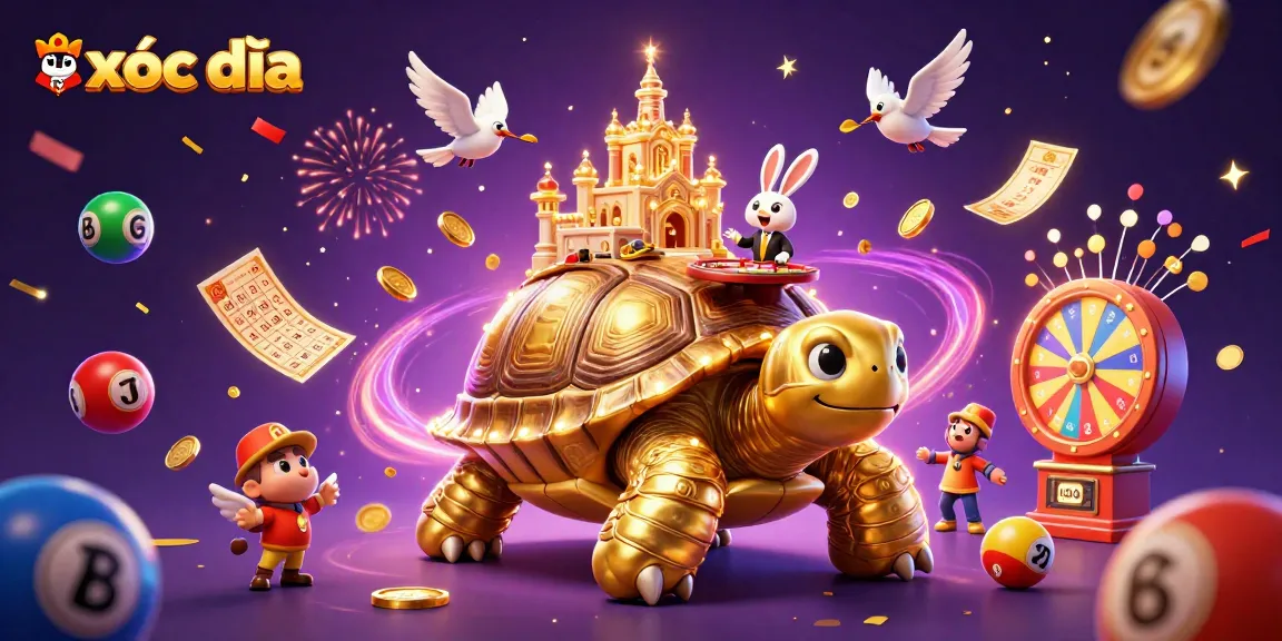 xóc đĩa players enjoy a vibrant casino scene with a gold tortoise, rabbit dealer, and dynamic elements.