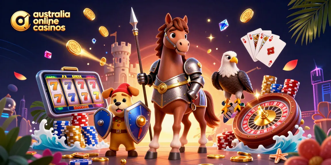 Play at australia online casinos with exciting games and treasures depicted in 3D illustration.