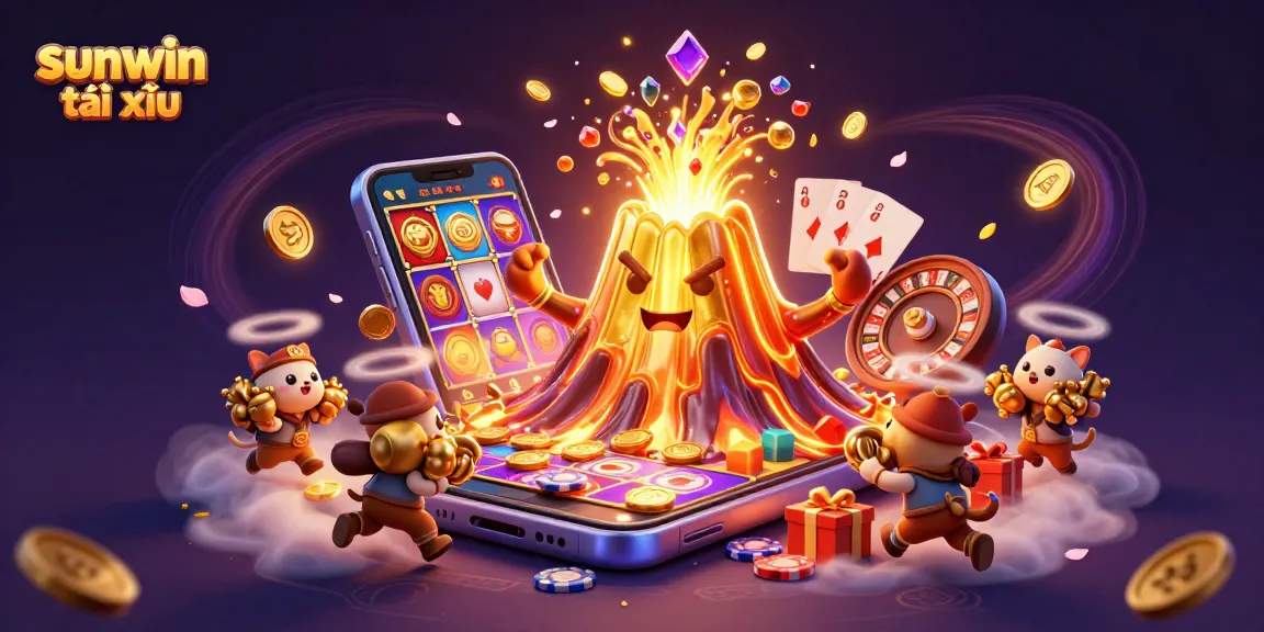 Players enjoy sunwin tài xỉu as treasures erupt from a golden volcano, symbolizing excitement and riches.
