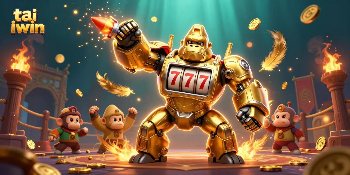 Experience the excitement of tai iwin with a golden gorilla mech and dynamic casino elements.