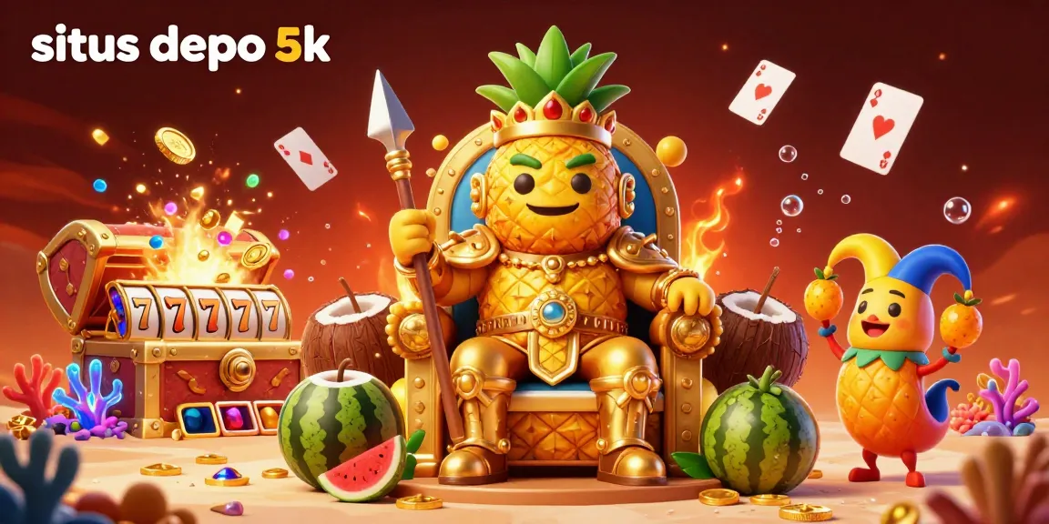 Situs depo 5k showcases the golden pineapple king and jester amidst dynamic gambling elements in a vibrant beach casino.