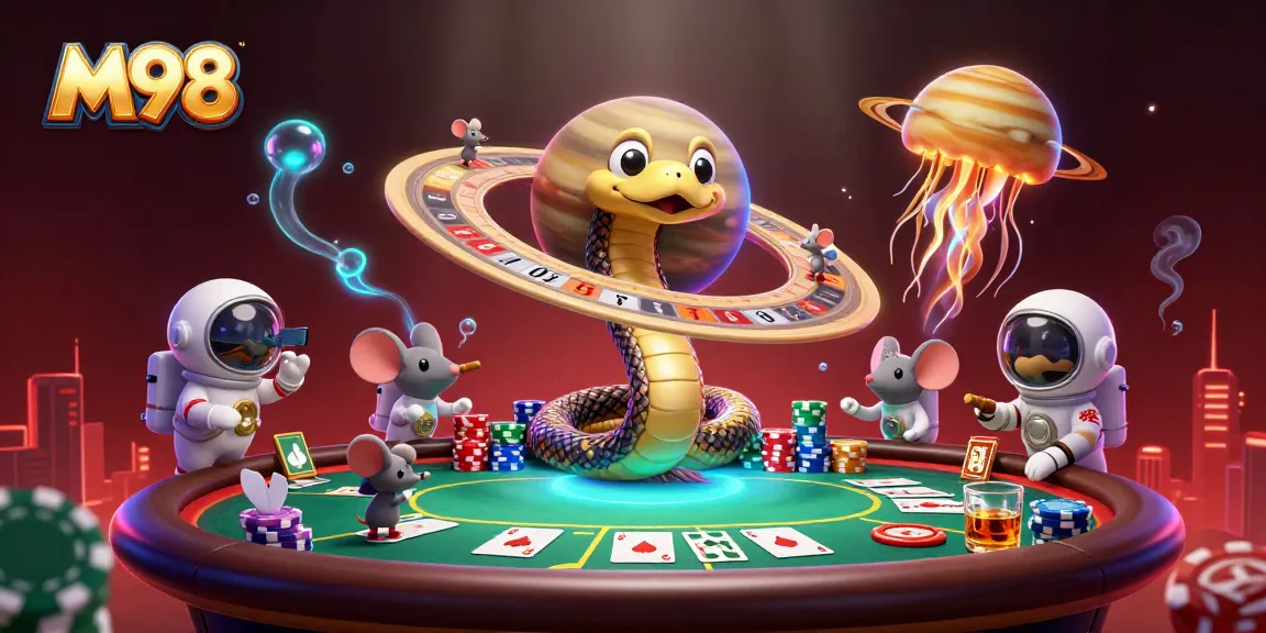 Engage in a thrilling gaming experience with M98, immersing in colorful casino elements and cosmic characters.