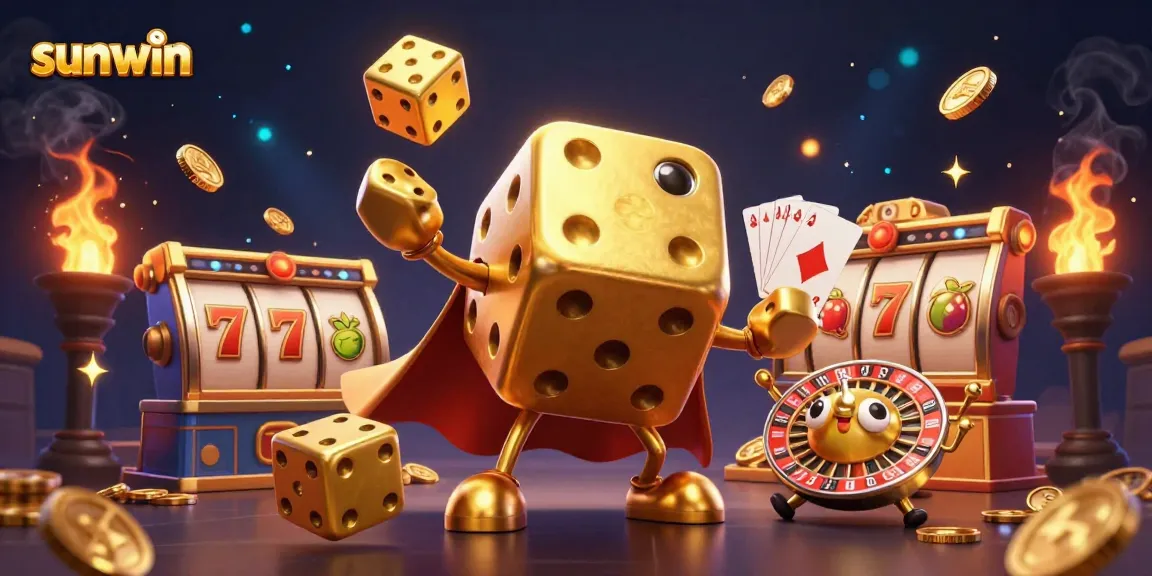 Sunwin players enjoying a vibrant 3D slots scene with golden dice and jackpot elements.